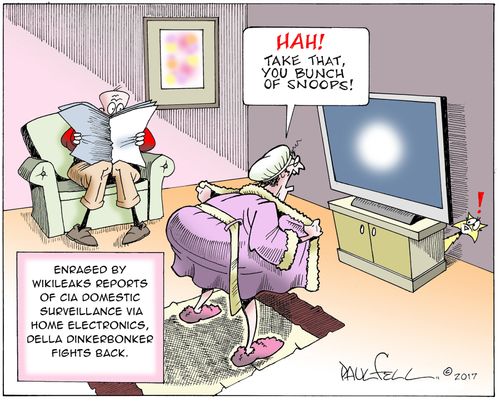 Enraged by Wikileaks reports of CIA domestic surveillance via home electronics, Della Dinkerbonker fights back.
