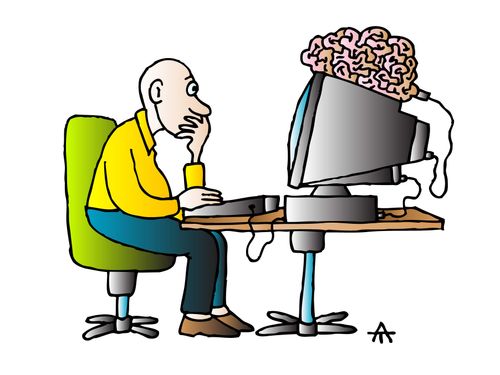 A man uses a PC with a brain.