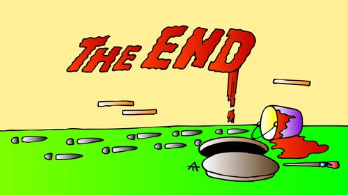 A man painting the words 'The End' falls down a manhole.