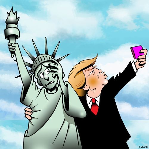 Donald Trump takes a selfie with the Statue of Liberty.