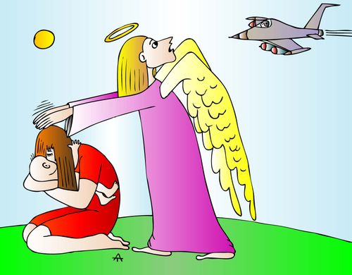 An angel protects a woman from a plan dropping bombs.