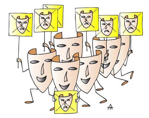 Happy masks protest against sad masks.