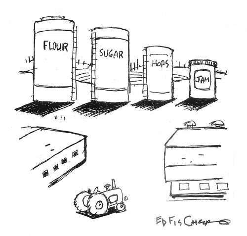 Farm silos: flour, sugar, hops, jam.