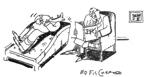 A therapist reads to his patient from a joke book.