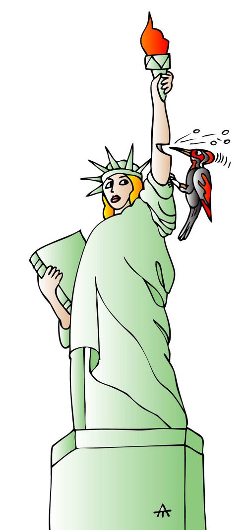 A woodpecker taps its way through the Statue of Liberty's arm.
