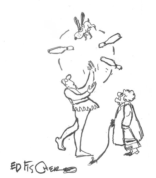 A juggler accidentally picks up a dog.