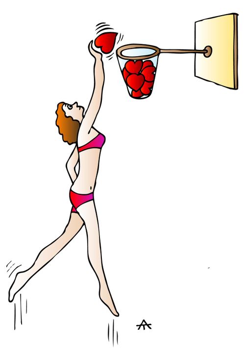A woman in her underwear slam dunks hearts into a basketball hoop.
