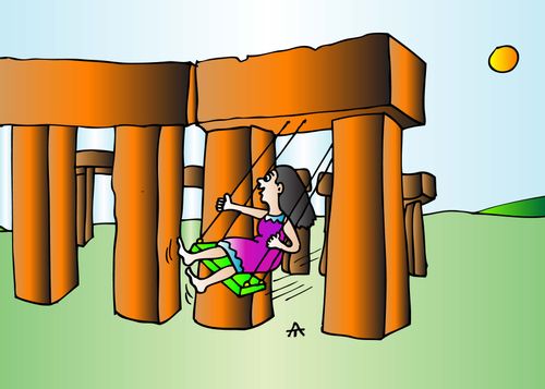 A girl swings off of Stonehenge.