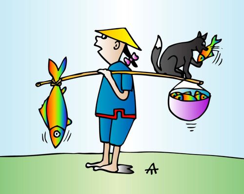 A boy carrying fish doesn't notice a cat is eating them.