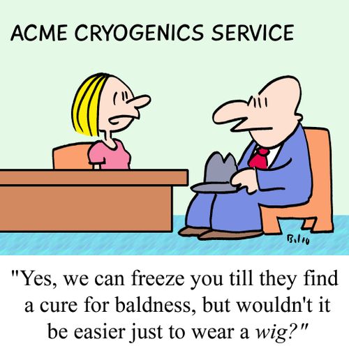  "Yes, we can freeze you until they find a cure for baldness, but wouldn't it be easier just to wear a wig?"