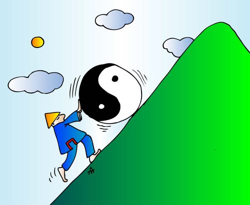 A Chinese person pushes a yin and yang symbol up a hill.