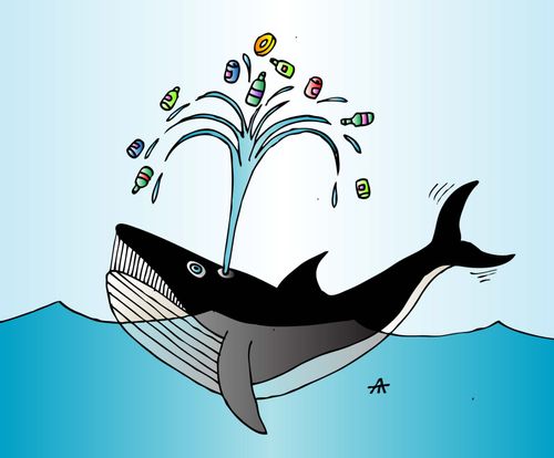 A whale shoots garbage out its blowhole.