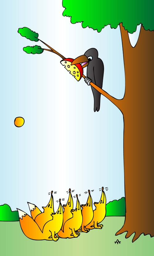 A crow holds a piece of cheese, taunting some foxes.