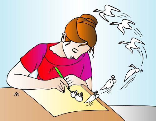 A woman drawing birds makes them fly around the room.
