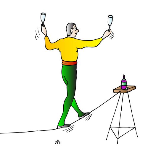A high wire act walks over to a bottle of wine.