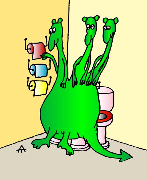 A three-headed dragon has three sets of toilet paper.