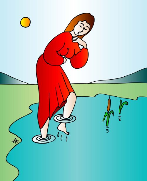 A woman dips her feet into a pond.