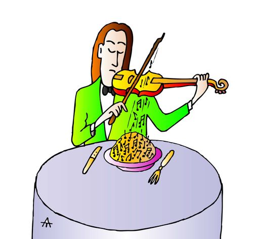 A musician grates musical notes over his meal.