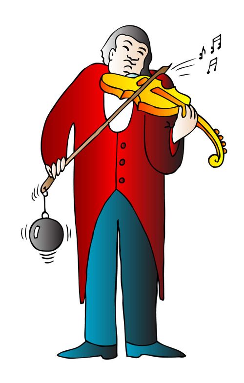 A violinist exercises by putting a weight on his bow.