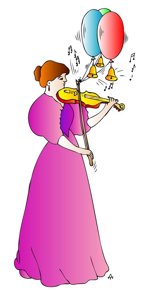 A violinist adds balloons and bells to her bow.
