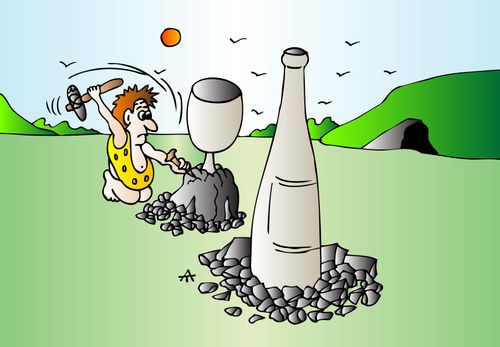 A caveman carves wine and a glass out of stone.