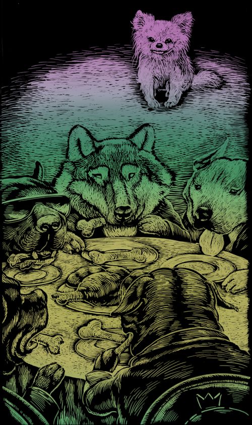 A tiny dog watches the big dogs eat meat.