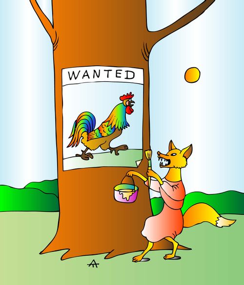A fox paints a rooster wanted poster.