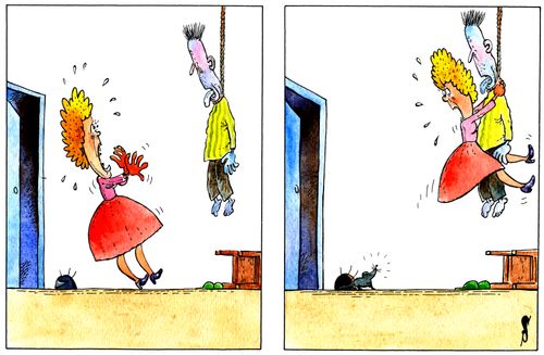 A woman is more scared of a mouse than a hanged man.