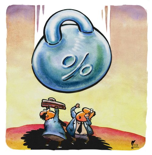 A pair of men collapse under the weight of bank loans.