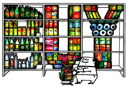 A store shelf spells out 'BUY'.