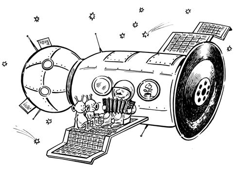 An astronaut parties with aliens on the wing of his spaceship.