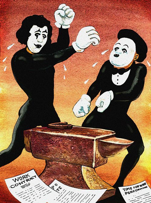 A pair of mimes mimic working hard.