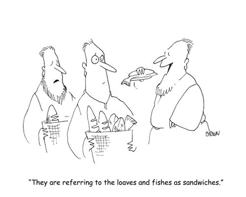 "They are refering to the loaves and fishes as sandwiches."