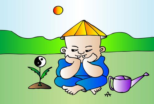 A child watches a yin and yang symbol grow on a flower.