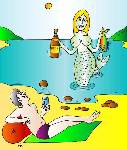 A topless mermaid brings a man beer and fish.