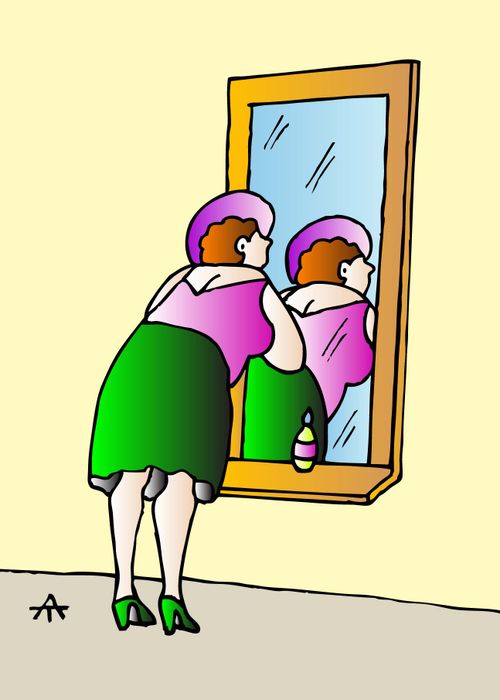 A woman's reflection is reversed.