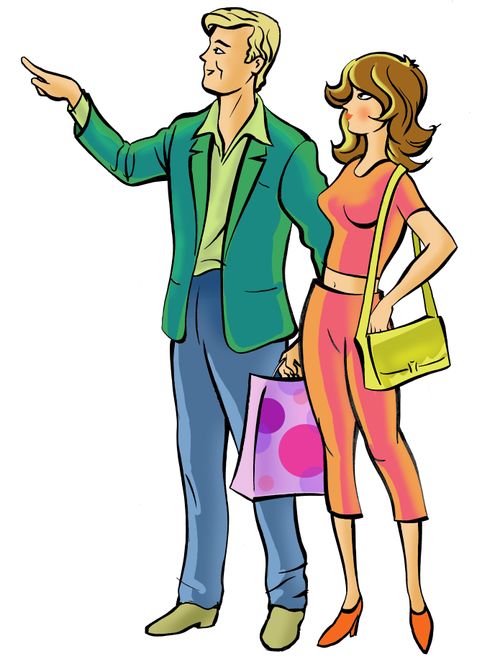 A young couple selects items from a shop.