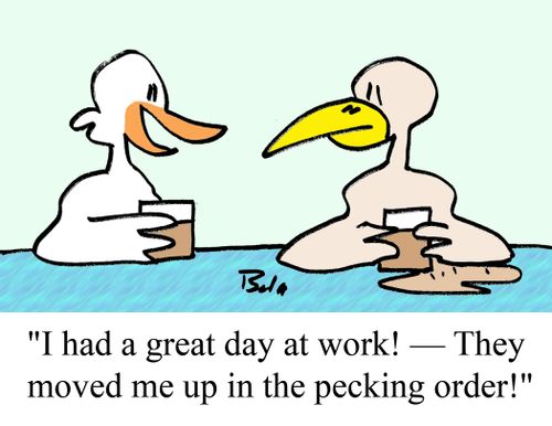 'I had a great day at work! - They moved me up in the pecking order!'