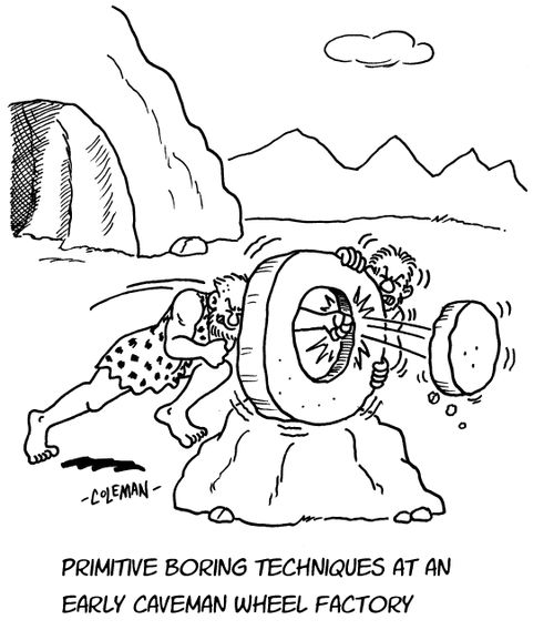 Primitive boring techniques at an early caveman wheel factory.