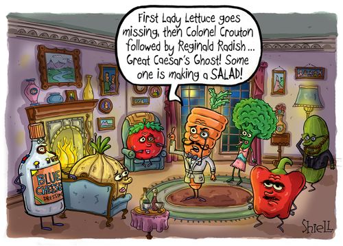 "First Lady Lettuce goes missing, then Colonel Crouton followed by Reginald Radish... Great Caesar's Ghost! Someone is making a salad!"