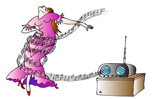A woman dances to music on the radio.