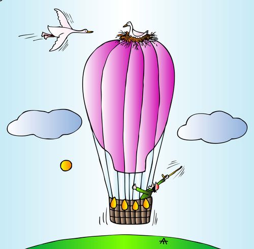 Birds nest atop a hot air balloon.