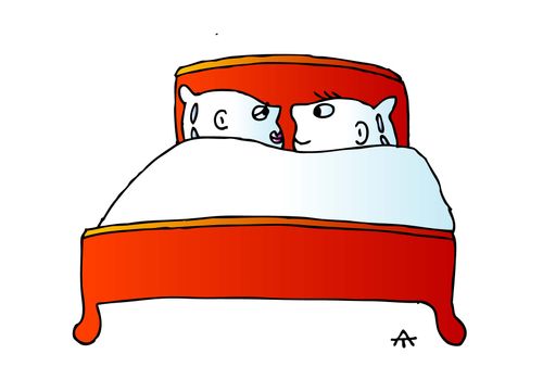 A pair of pillows snuggle up in bed together.
