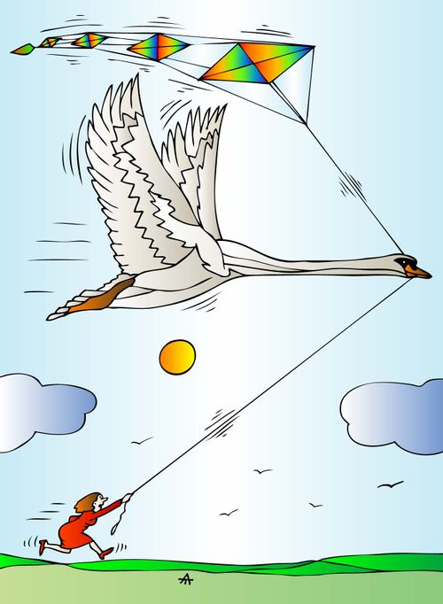 A swan grabs a hold of a kite string.
