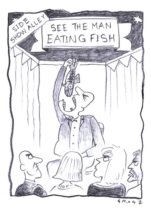 'See the man eating fish.'