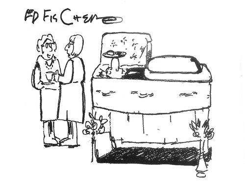 A couple at a funeral balance their plate on the deceased's nose.