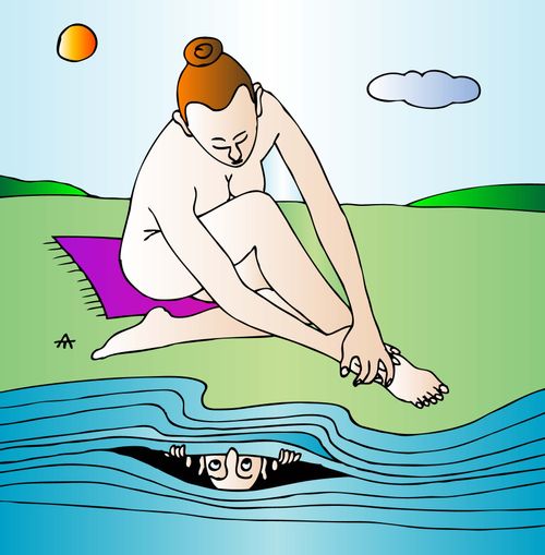 A man spies on a woman bathing in the river.