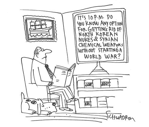 'It's 10 pm. Do you know any option for getting rid of North Korean nukes and Syrian chemical weapons without starting a world war?"