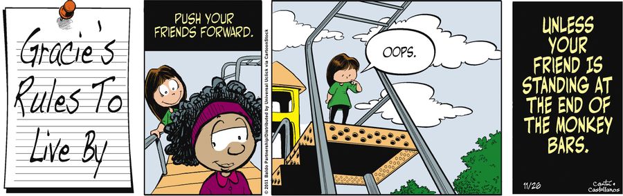 Push your friends forward. Unless your friend is at the end of the monkey bars.