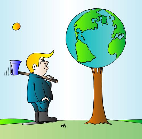 Trump prepares to chop down the tree holding up the world.